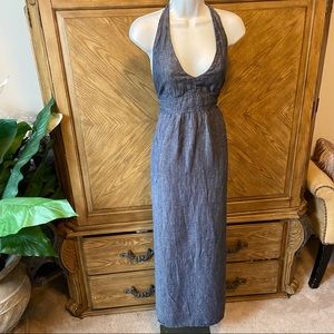 Chambray denim blue low back Halter Maxi Dress
